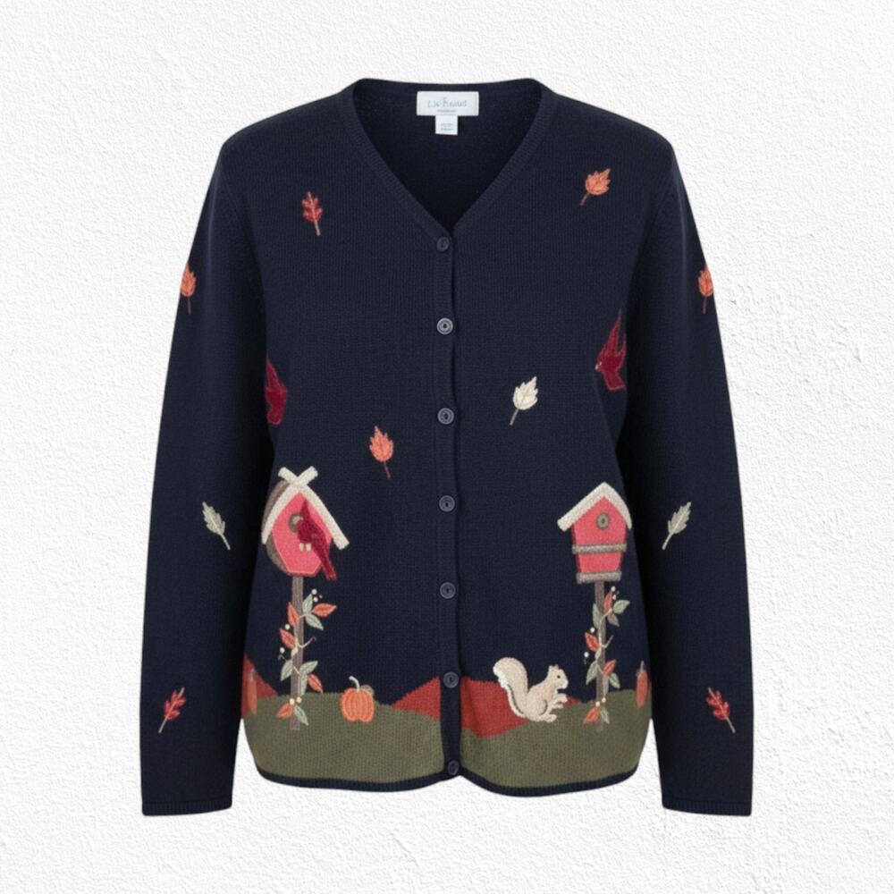 Y2K C.J. Banks Navy Fall Embroidered Cardinal Pumpkin Cardigan Size 14W NWT